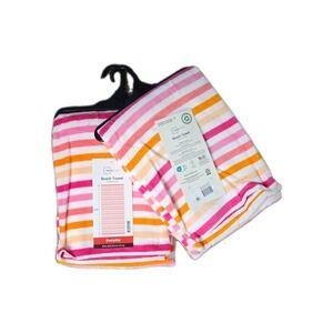 Mainstays Beach Towel Warm Breton Stripe 60x30 Hanging Loop Pink/Orange 2pk